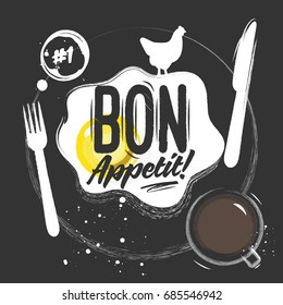 Fried egg on black background with coffee and lettering