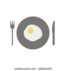 Fried egg on black plate with fork and knife. Flat icon set. Isolated on white. 