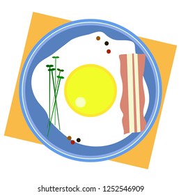Fried egg on blue plate with pepper, microgreen and beacon, isolated vector illustration