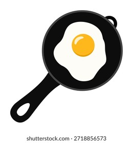 Fried egg on cast iron pan isolated on white background. Healthy food cartoon vector illustration