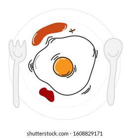 fried egg on the dish with tomato sauce and sausage