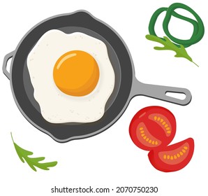 Fried egg on a frying pan. Egg with bright yellow yolk on skillet. Healthy breakfast. Vector illustration