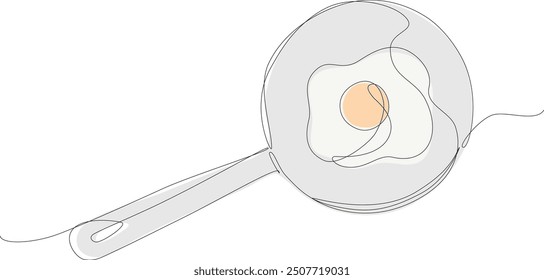 Fried egg on frying pan. Continuous one line drawing with color. Minimal illustration vector.	