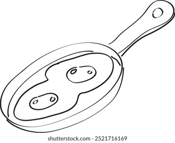 fried egg on a frying pan hand drawn with brush in black on white background