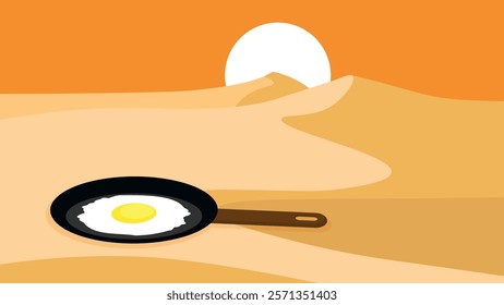 Fried egg on a frying pan in the desert. Vector illustration