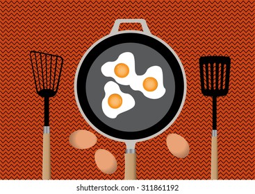 Fried egg on frying pan in kitchen and  spatula,vector illustrations