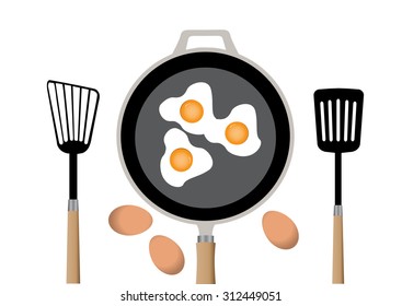 Fried egg on frying pan in kitchen and  spatula,vector illustrations
