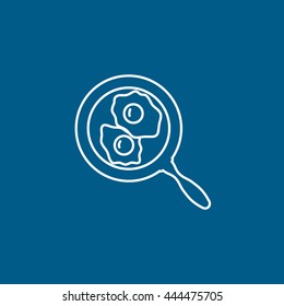 Fried Egg On Frying Pan Line Icon On Blue Background