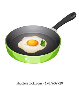 Fried egg on a green frying pan. Vector illustration isolated on a white background for icon, poster, menu, greeting and invitation card, print and web project.