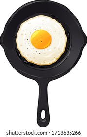 Fried egg on a iron cast frying pan, vector illustration isolated on white background
