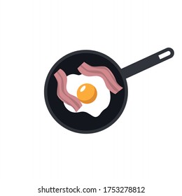 Fried egg on a pan with bacon. Bnglish breakfast. Healthy nutrition. Flat vector illustration isolated on white background.