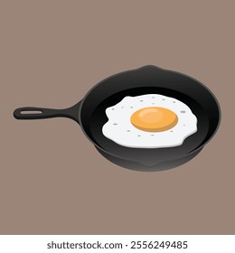 fried egg on a pan, the egg has a white cooked egg white and a yellow yolk in the center. The background is a solid brown color, making the frying pan and egg stand out distinctly.