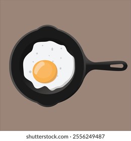 fried egg on a pan, the egg has a white cooked egg white and a yellow yolk in the center. The background is a solid brown color, making the frying pan and egg stand out distinctly.