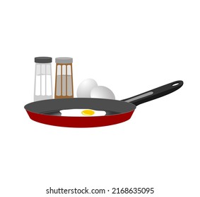 Fried egg on the pan with salt and pepper bottles
