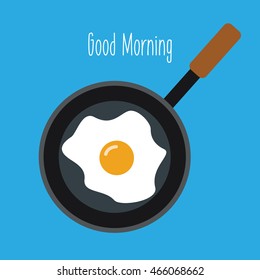 fried egg on a pan with a text - good morning illustration isolated in a blue background