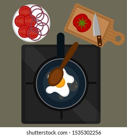 Fried egg on a pan and vegetables cut. Food preparation - Vector illustration