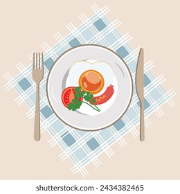 Fried egg on plate from above vector graphics, Various eggs. Different English breakfasts, Vector illustration in cartoon style. Fried eggs with bacon and vegetables. EPS10