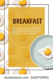 Fried egg on plate, flyer template concept. Seamless pattern with fried eggs on white background, top view. Breakfast food. Morning poster or menu.