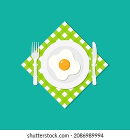 Fried egg on plate. Food with knife and fork on table. Breakfast with green napkin. Illustration for menu, lunch, restaurant and delicious. Tablecloth for kitchen. Flat icon for healthy food. Vector.