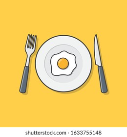 Fried Egg On A Plate With A Fork And Knife Vector Icon Illustration. Cooked Omelette