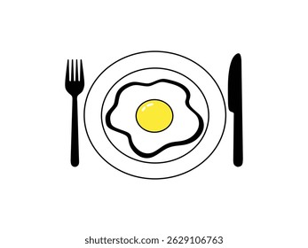 fried egg on a plate with fork and knife isolated in white background
