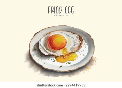 fried egg on a plate, on isolated simple background, fried egg watercolor illustration