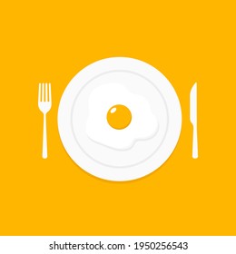 Fried egg on a plate with knife and fork flat design isolated on yellow background. Vector illustration