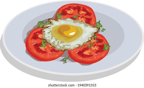 Huevo frito en placa con tomates, vector de ilustración de las poblaciones aislado en fondo blanco