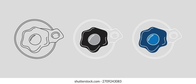 Huevo frito en el sistema del Vector de la placa, icono negro y azul del contorno