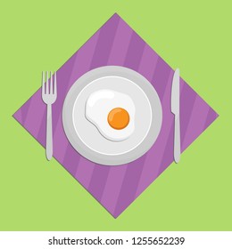 Fried egg on a round plate with a knife and fork, simple image