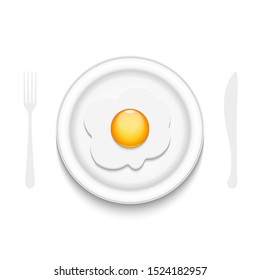 Fried egg on a round plate with halftone cutlery spoon and fork isolated on white background culinary banner, morning breakfast for food illustration