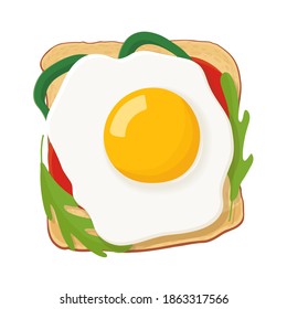 Sandwich mit frittiertem Ei. Gekochtes Ei mit Paprika-Scheiben und Arugula Blätter auf den Toast. Herzliches Frühstück. Vektorgrafik