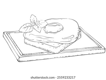 Huevo frito en tostada con pepino y albahaca, desayuno. Ilustración de alta calidad. Dibujo de acuarela sobre fondo blanco. Se puede utilizar en menús, recetas, cocina, ingredientes de platos