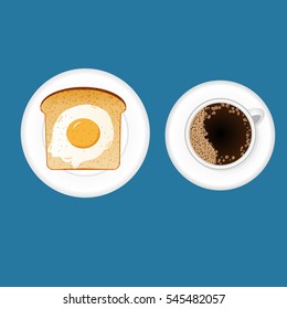 Fried egg on toast and a cup of coffee, vector illustration of breakfast.