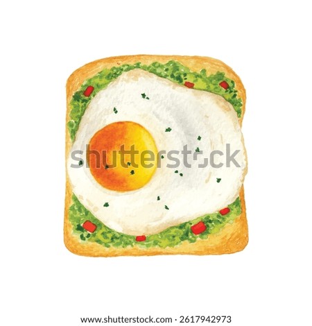 Fried Egg on Toast with Mashed Avocado and Veggies, Watercolor Illustration