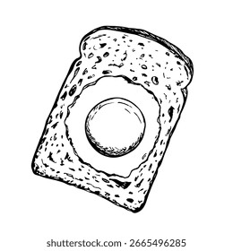 Ovo frito na torrada, receita de ovo preparado, ideia do café da manhã. Desenho esquemático ilustração contorno, desenho doodle em estilo de gravação. Clipart de arte vetorial desenhada à mão