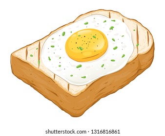 Fried egg on top of toast bread hand drawn vector illustration, isolated on white background