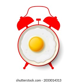 Fried egg on white plate and silhouette of alarm clock on background. Time to have a breakfast, healthy nutritious food at the morning for active working day, concept of healthy diet