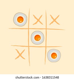 Fried egg  on X and O table, Tic tac toe game with criss cross fried eggs flat design. Illustration about concept game table with fried egg.