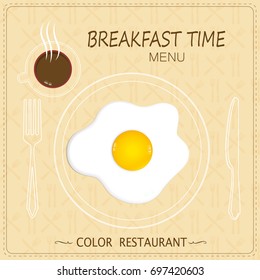 Fried egg on yellow background. Breakfast coffee and egg flat icon