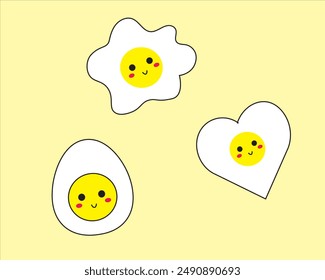 Fried egg with one yolk in a multi-shaped isolated on a yellow background with a smile expression. Art, cartoons, food, breakfast, protein, vector, icons and emoji. Flat cartoon style. 
