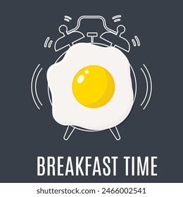 Huevo frito y reloj despertador de contorno. Concepto para el menú de desayuno, cafetería, restaurante. Fondo de la comida. Ilustración vectorial en estilo plano