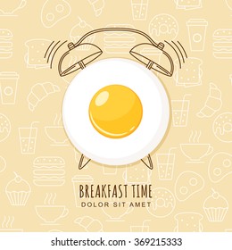 Fried egg and outline alarm clock on seamless background with linear food icons. Vector design for breakfast menu, cafe, restaurant.  Logo design template. Food background. 
