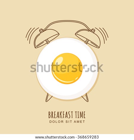 Fried egg and outline alarm clock, vector illustration of breakfast. Concept for breakfast menu, cafe, restaurant.  Logo design template. Food background. 