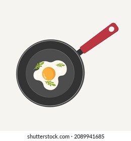 Fried egg in a pan with herbs. Breakfast illustration in flat style on isolated background.