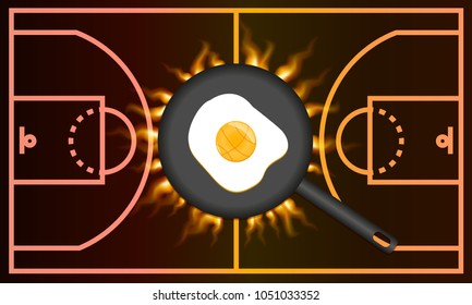 Fried egg in pan on basketfield background. Basketball concept. Vector illustration.