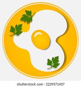 Fried egg with parsley leaves. Scrambled eggs. yellow background. Fast food. Cooking breakfast, lunch, and dinner. Natural product. Vector illustration.