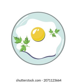 Fried egg with parsley on a plate, isolated on a white background.Bright vector illustration, top view.Cooking breakfast. lunch.dinner.