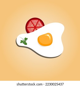 Fried egg with parsley and tomato slice isolated on an orange background, top view. Flat style. Paper cut out vector illustration