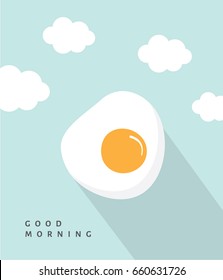 Fried Egg in pastel blue sky with cloud background. Good morning word in mint. Vector illustration isolated.